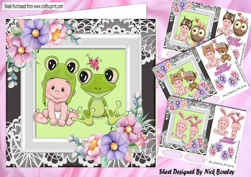  4 Cute babies with animals and flowers card fronts 7x7 mini kit