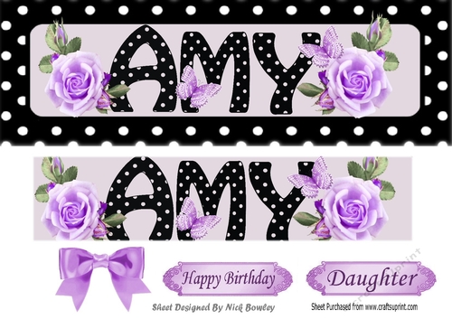 AMY Name DL With purple roses and black/white polkadot
