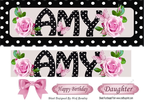 AMY Name DL With pink roses and black/white polkadot