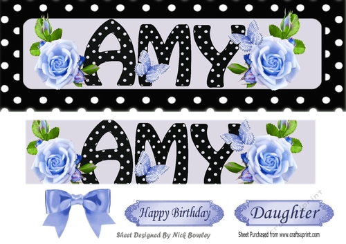 AMY Name DL With blue roses and black/white polkadot
