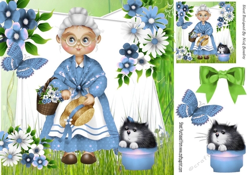 Lovely Granny in blue with flowers and butterfly 8x8
