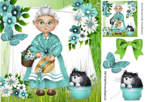 Lovely Granny in turq with flowers and butterfly 8x8