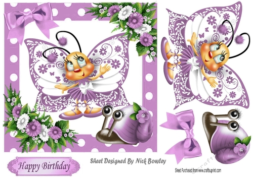 Cute lilac toony butterfly with snail polkadot frame 7x7