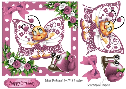 Cute pink toony butterfly with snail polkadot frame 7x7