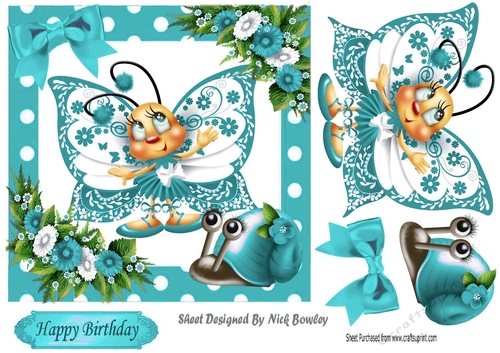 Cute turq toony butterfly with snail polkadot frame 7x7