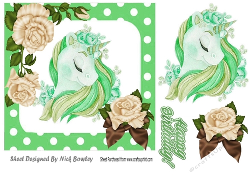 pretty fantasy rainbow green unicorn with cream roses 7x7