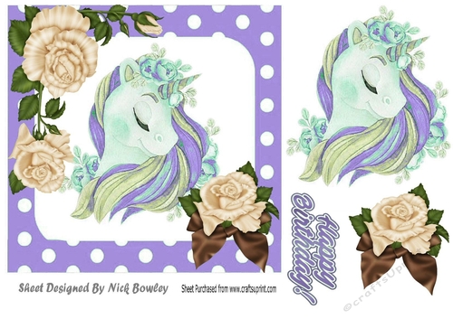 pretty fantasy rainbow purple unicorn with cream roses 7x7