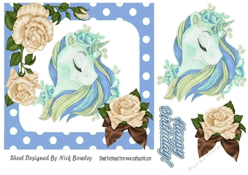 pretty fantasy rainbow blue unicorn with cream roses 7x7