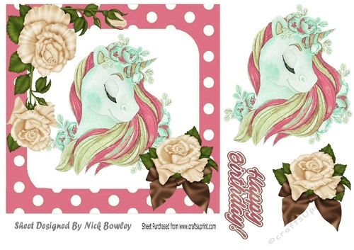 pretty fantasy rainbow pink unicorn with cream roses 7x7