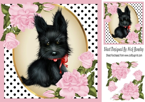Cute black scottie dog with pink corner roses & polkadot 8x8