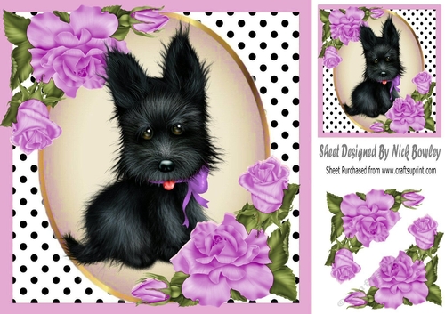 Cute black scottie dog with lilac corner roses & polkadot 8x8
