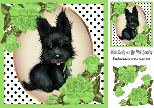 Cute black scottie dog with green corner roses & polkadot 8x8
