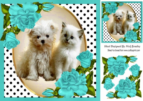 Cute kitten/puppy with turq corner roses and polkadot 8x8