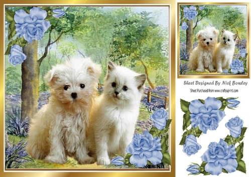Cute kitten/puppy in the woodlands with blue corner roses 8x8