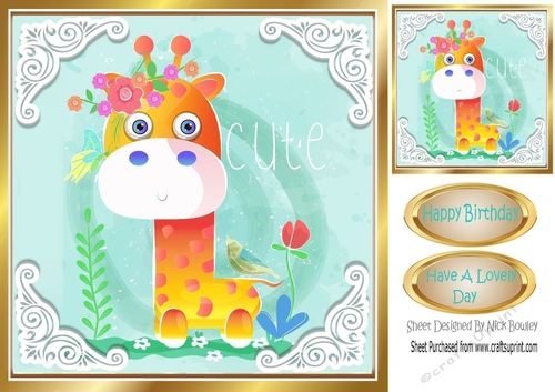 Cute Giraffe in water colour with flowers & bird 8x8