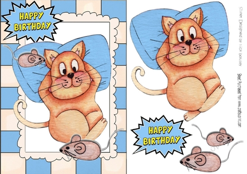 Fat Lazy Cat with mice in watercolour A5 (blue)
