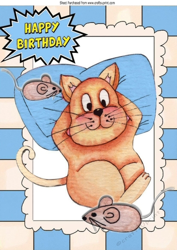 Fat Lazy Cat with mice in watercolour A4 (blue)