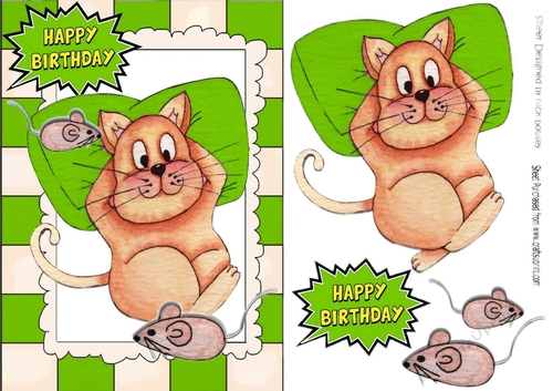 Fat Lazy Cat with mice in watercolour A5 (green)