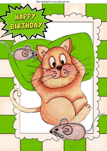 Fat Lazy Cat with mice in watercolour A4 (green)