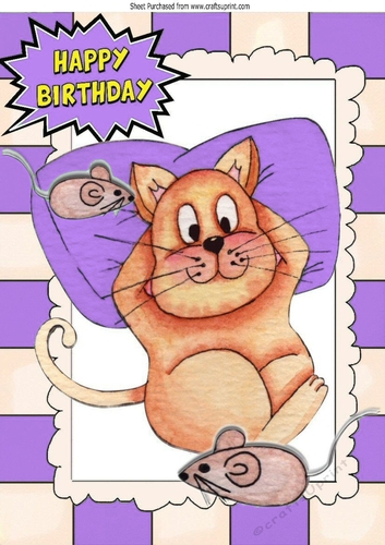 Fat Lazy Cat with mice in watercolour A4 (purple)