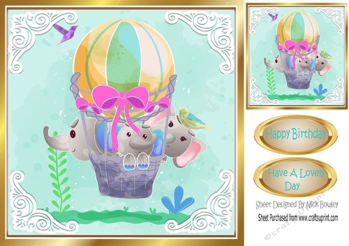 Cute painted  elephants fun in a ballon and ornate corners 8x8