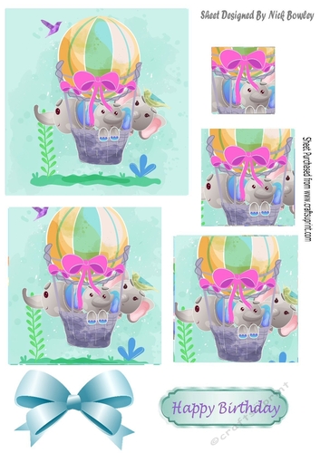 Cute painted  elephants fun in a ballon and ornate corners pyramids