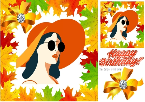 Lovely Retro lady in big hat in Autumn leaves frame 8x8