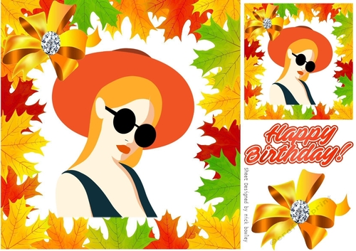 Lovely Retro lady in orange hat in Autumn leaves frame 8x8