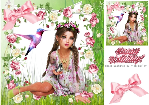 Girl with humming bird and pink roses 8x8