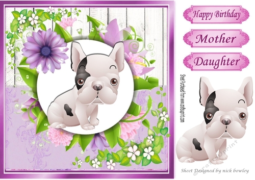 Cute french bulldog puppy with pretty lilac flowers, wooden back ground 8x8