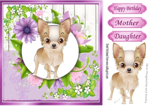 Cute french chihuahua puppy with pretty lilac flowers, wooden back ground 8x8