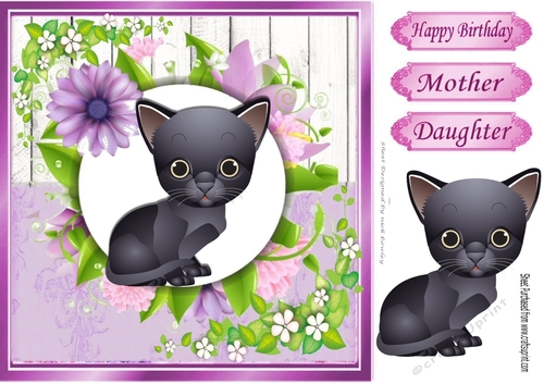 Cute black kitten with pretty lilac flowers, wooden back ground 8x8