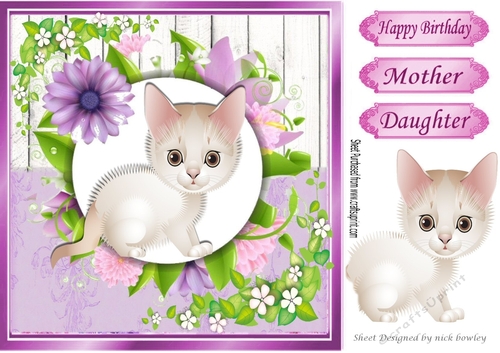 Cute white kitten with pretty lilac flowers, wooden back ground 8x8