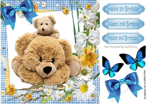 Big cuddly teddy bear and baby in blue gingham with bow 8x8