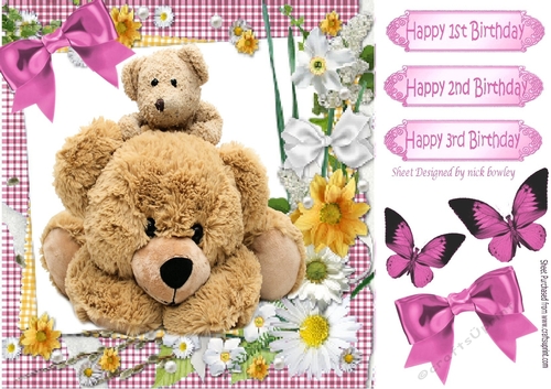 Big cuddly teddy bear and baby in pink gingham with bow 8x8