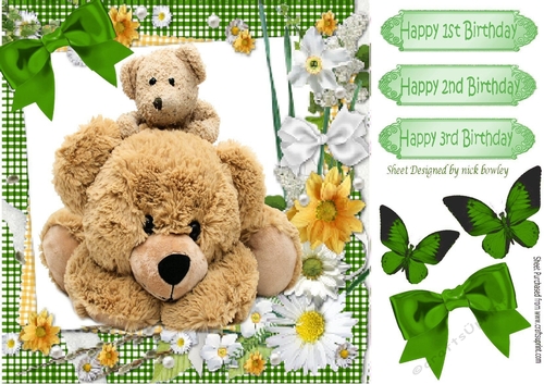 Big cuddly teddy bear and baby in green gingham with bow 8x8