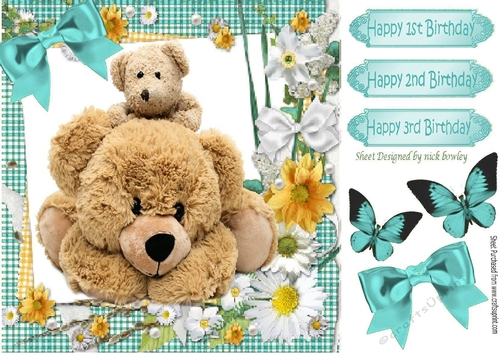 Big cuddly teddy bear and baby in turq gingham with bow 8x8