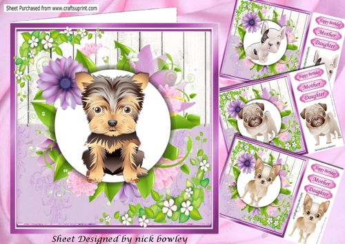 4 Lovely Card fronts with puppies, with pretty lilac flowers 8x8 Mini Kit