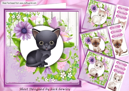 4 Lovely Card fronts with kittens, with pretty lilac flowers 8x8 Mini Kit
