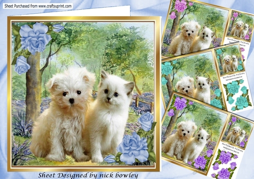 4 Lovely Card fronts of puppies/kittens in the woodland 8x8 Mini kit