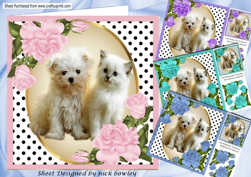 4 Cute Card fronts with  kitten/puppies with corner roses and polkadot 8x8 Mini Kit