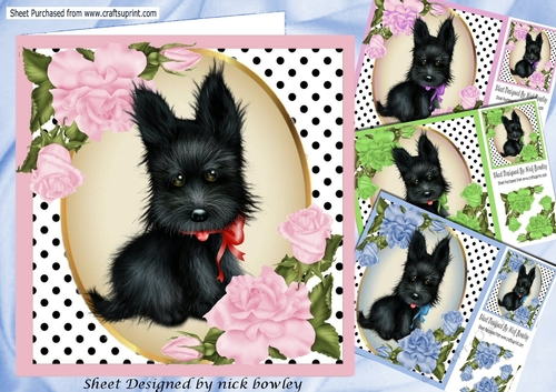 4 Cute Card fronts of  black scottie/dogs  with roses & polkadot 8x8 Mini kit
