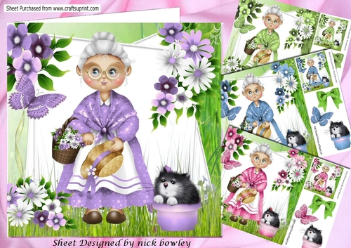 4 Lovely Grannies the garden card fronts with flowers 8x8 Mini Kit