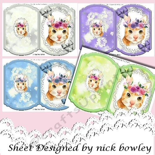 4 Lovely watercolour cats on lace with flowers Bracket cards mini kit