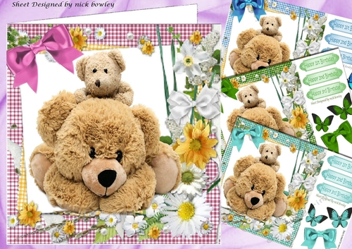 4 cuddly teddy bears and baby in gingham,card fronts 8x8 mini kit