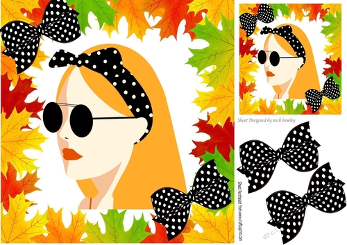 Lovely Retro lady with black gingham bows in Autumn leaves frame 8x8