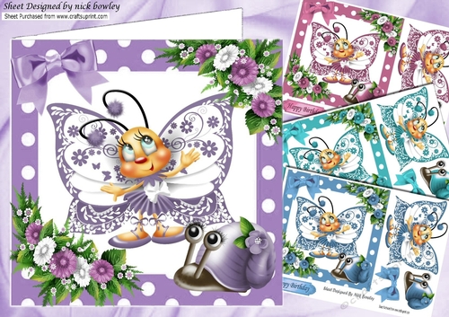 4 Cute toony butterfles with snail card fronts in  polkadot frame 7x7 