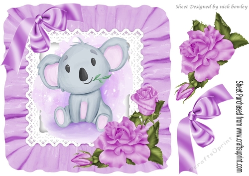 Cute water colour Koala Bear in frill 8x8 frame with purple bow