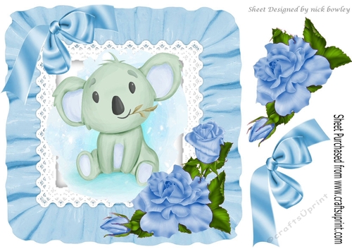 Cute water colour Koala Bear in frill 8x8 frame with blue bow