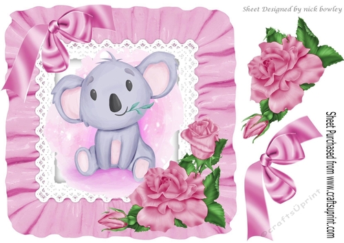 Cute water colour Koala Bear in frill 8x8 frame with pink bow